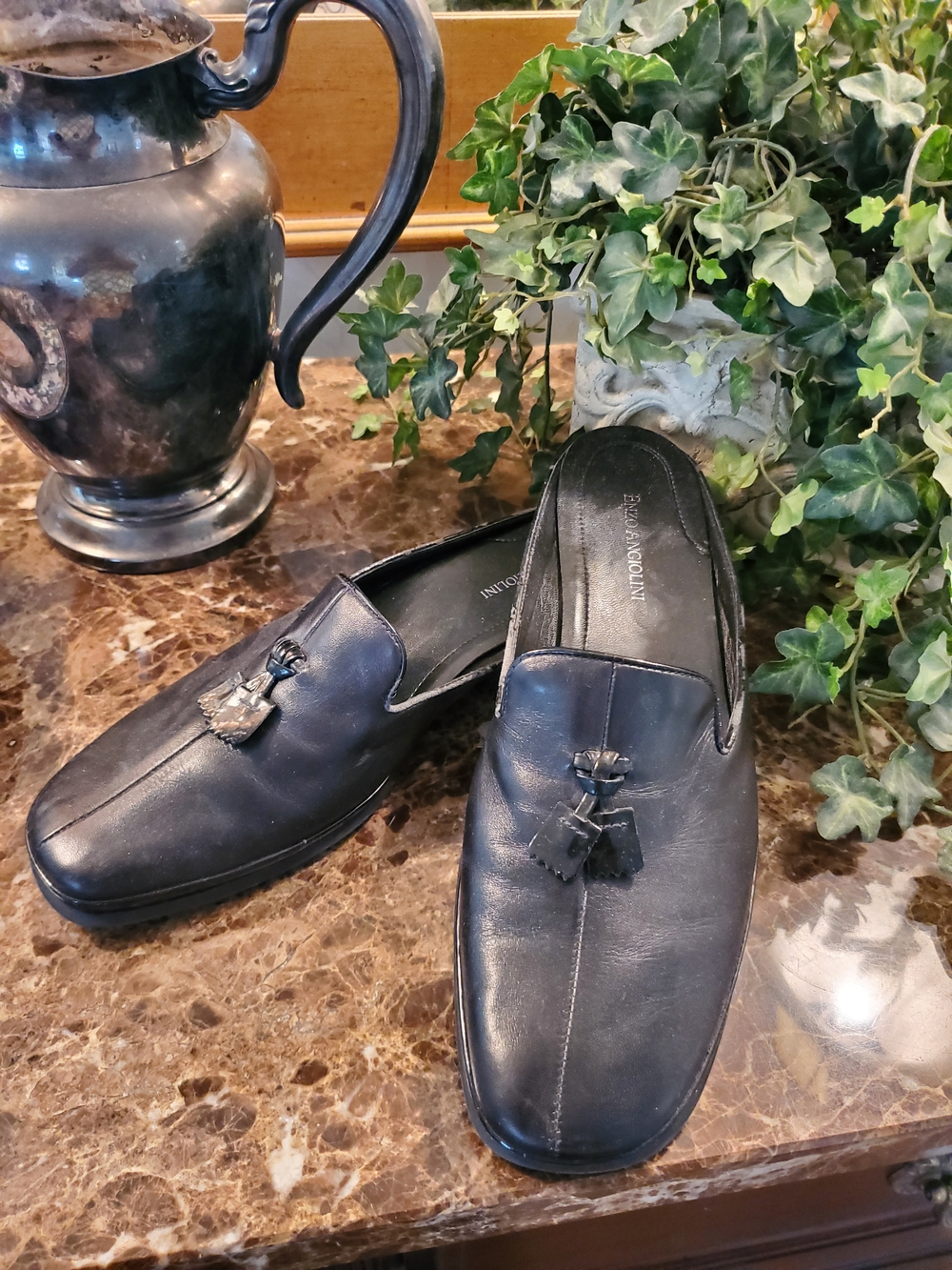 VTG Enzo Angiolini Black Leather Tassel Slip-On Mules, Size 9M
